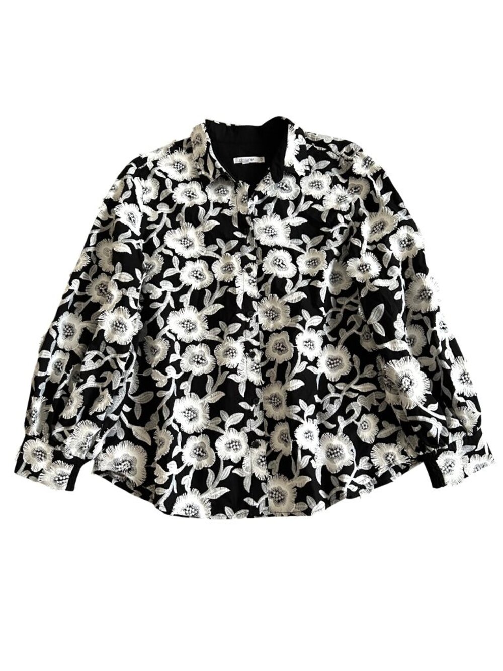 Chicos Women's Sz 14 Black & White Floral Button Down Shirt Long Sleeve